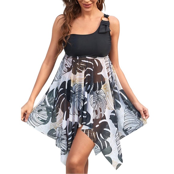 Black Gray Gold Tankini Swimdress (Top Only) One Shoulder SIZE 2X (US M/L) - Picture 5 of 6